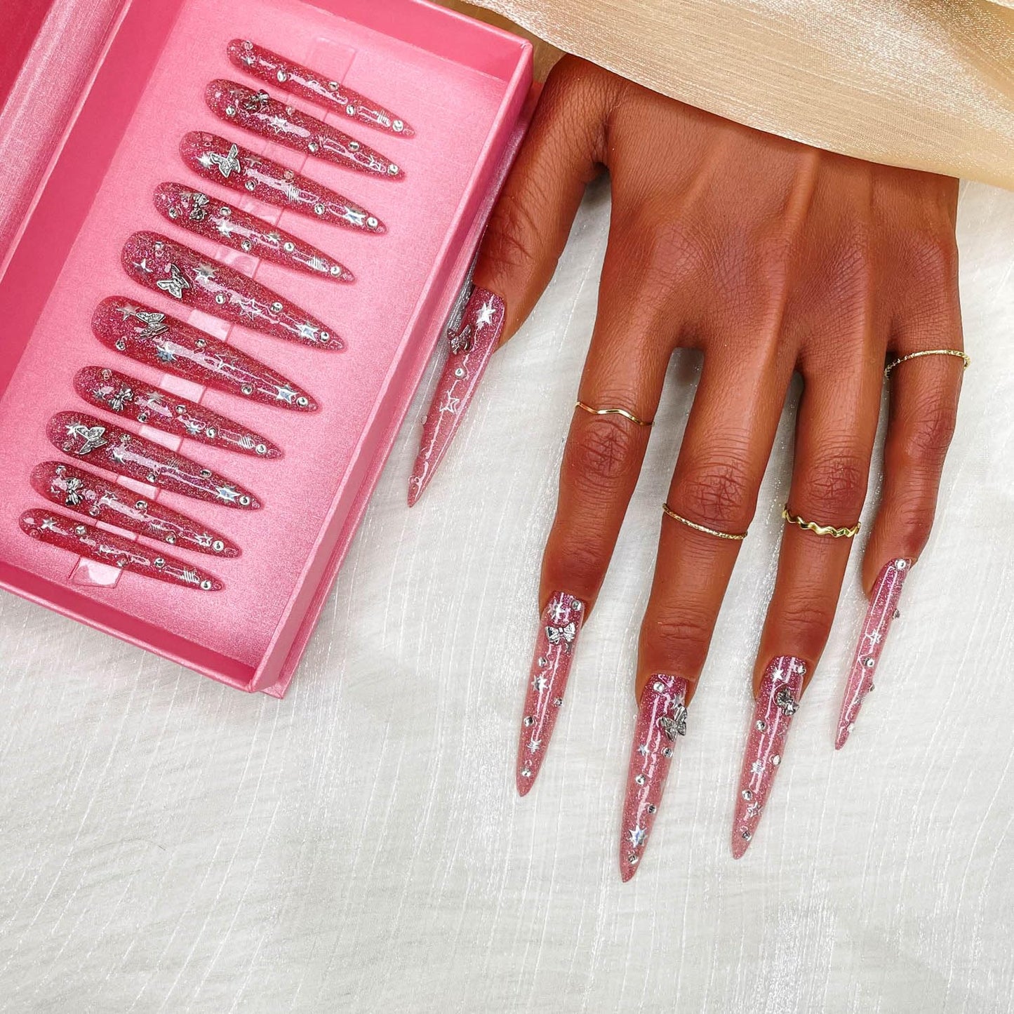 Ggddsha 2025 Long Novel Design and Reusable Handmade Nails 10PCS Pmma Acrylic Nails Press Onnails Kit with Box Gifts for Women,Gilded Flutter
