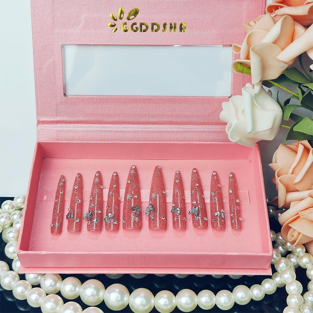 Ggddsha 2025 Long Novel Design and Reusable Handmade Nails 10PCS Pmma Acrylic Nails Press Onnails Kit with Box Gifts for Women,Gilded Flutter
