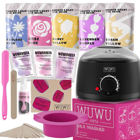 Waxing Kit WUWUVISTA 23 Items Hair Removal Wax Kit with Wax Warmer Waxing Beads for Face, Brazilian, Full Body, Bikini, Sensitiive Skin Skin Suitable for Plugs of American, European Specification