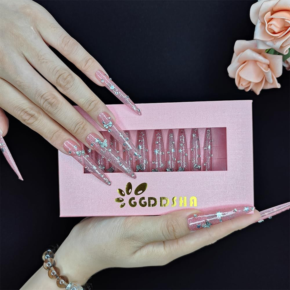 Ggddsha 2025 Long Novel Design and Reusable Handmade Nails 10PCS Pmma Acrylic Nails Press Onnails Kit with Box Gifts for Women,Gilded Flutter