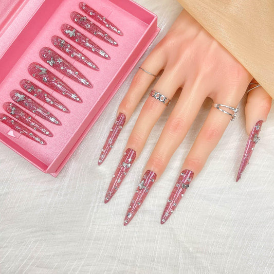 Ggddsha 2025 Long Novel Design and Reusable Handmade Nails 10PCS Pmma Acrylic Nails Press Onnails Kit with Box Gifts for Women,Gilded Flutter