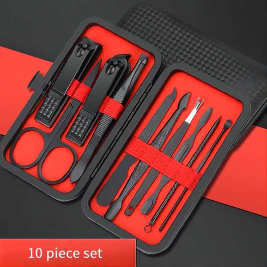 10-Piece Black Nail Clipper Set with Travel Case, Professional Cuticle Nippers and Nail Clippers, Complete Grooming Kit for Home and Travel
