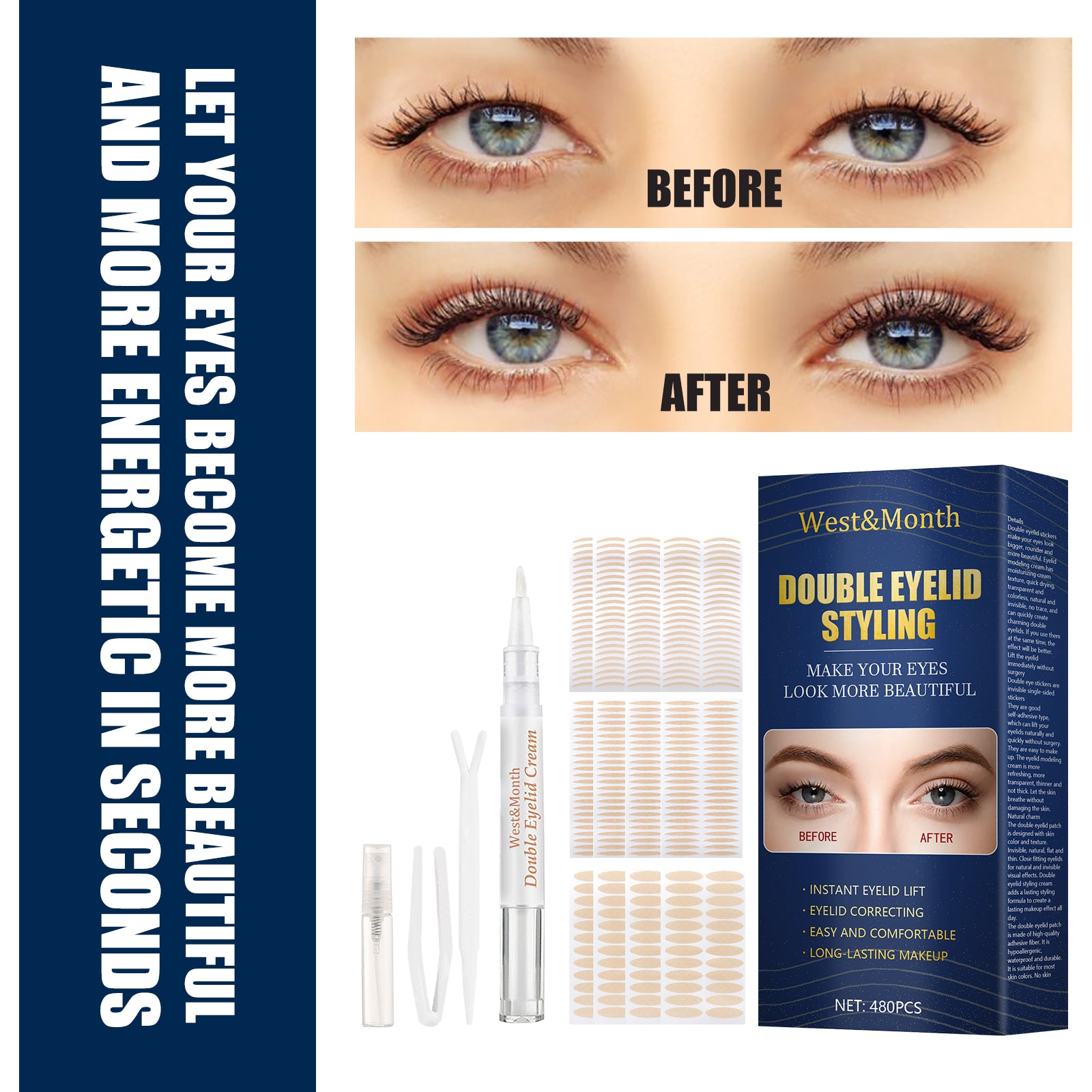 West&Month Double Eyelid Tape - Invisible, No-Glue, Natural Mesh Adhesive, Activates with Water, Beautiful Eyes, Olive Shaped Lace