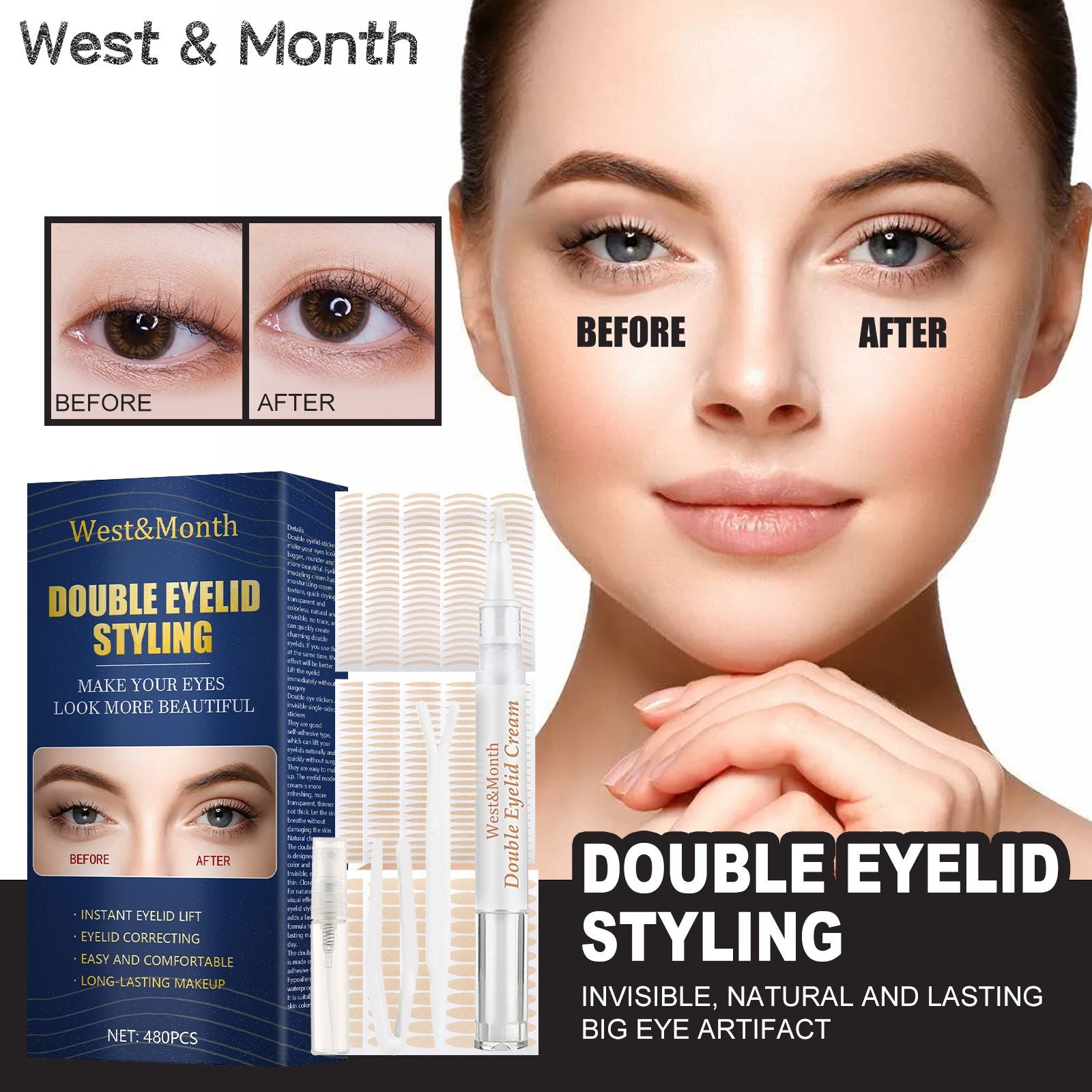 West&Month Double Eyelid Tape - Invisible, No-Glue, Natural Mesh Adhesive, Activates with Water, Beautiful Eyes, Olive Shaped Lace