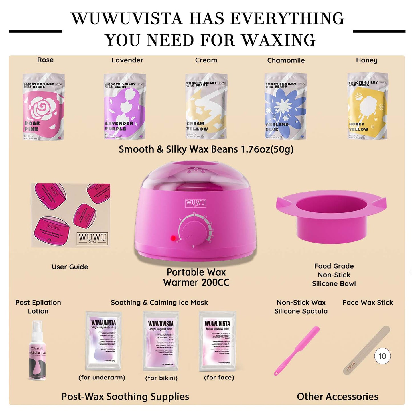 Waxing Kit WUWUVISTA 23 Items Hair Removal Wax Kit with Wax Warmer Waxing Beads for Face, Brazilian, Full Body, Bikini, Sensitiive Skin Skin Suitable for Plugs of American, European Specification