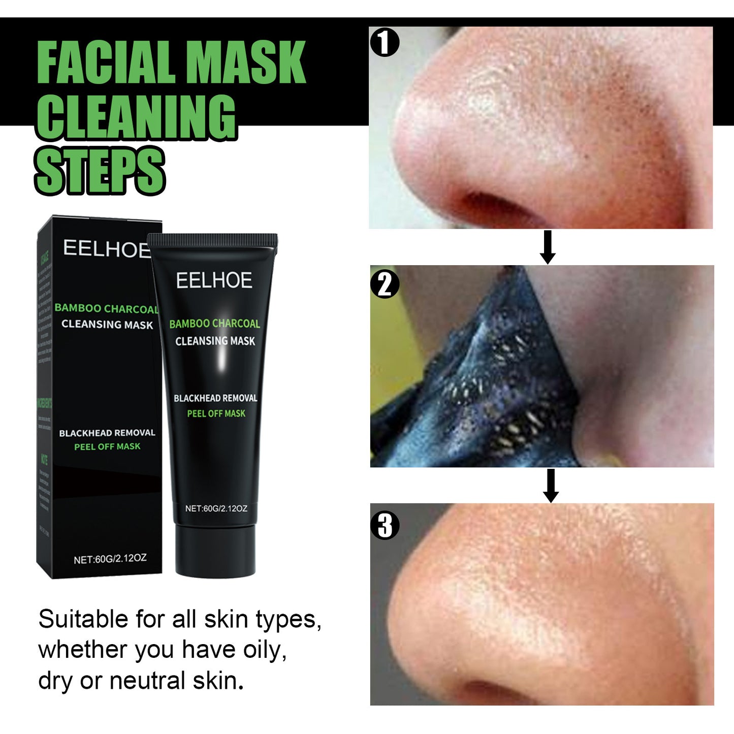 EELHOE Bamboo Charcoal Blackhead Removal Peel-Off Mask for Deep Pore Cleansing and T-Zone Oil Control