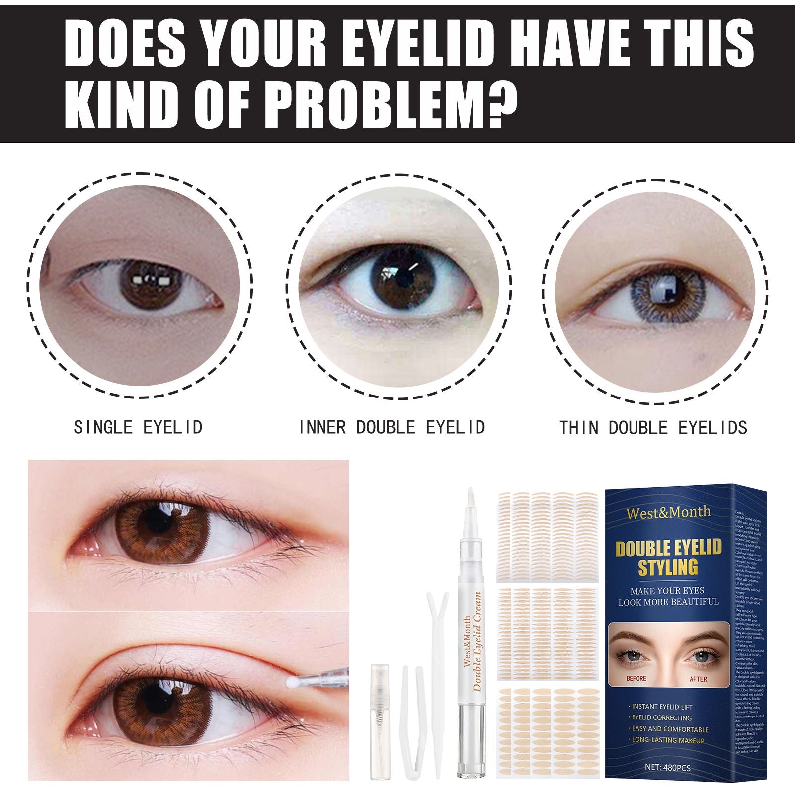 West&Month Double Eyelid Tape - Invisible, No-Glue, Natural Mesh Adhesive, Activates with Water, Beautiful Eyes, Olive Shaped Lace