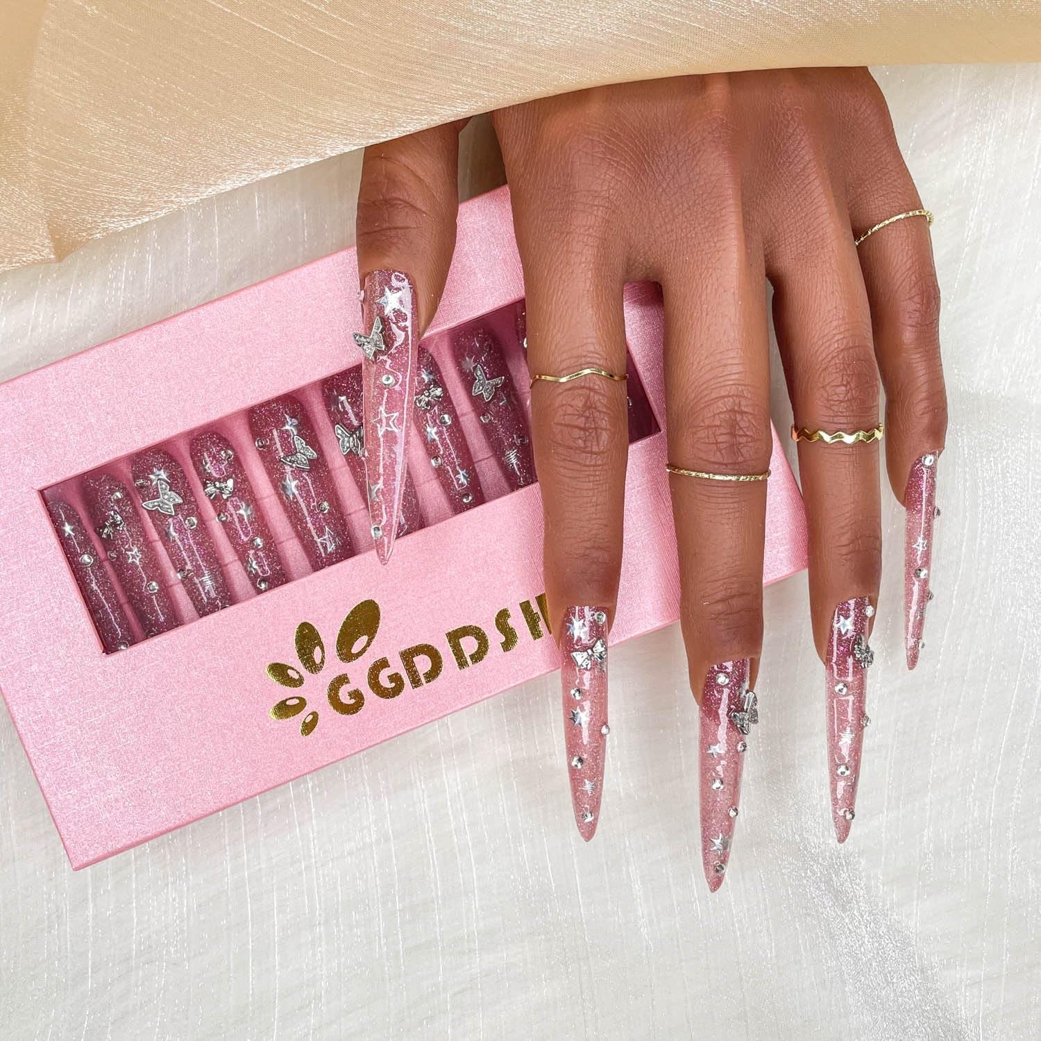 Ggddsha 2025 Long Novel Design and Reusable Handmade Nails 10PCS Pmma Acrylic Nails Press Onnails Kit with Box Gifts for Women,Gilded Flutter