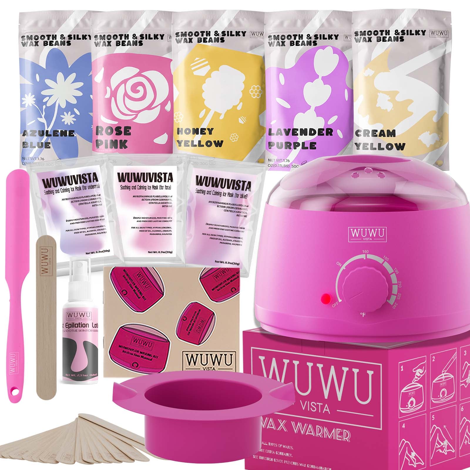 Waxing Kit WUWUVISTA 23 Items Hair Removal Wax Kit with Wax Warmer Waxing Beads for Face, Brazilian, Full Body, Bikini, Sensitiive Skin Skin Suitable for Plugs of American, European Specification